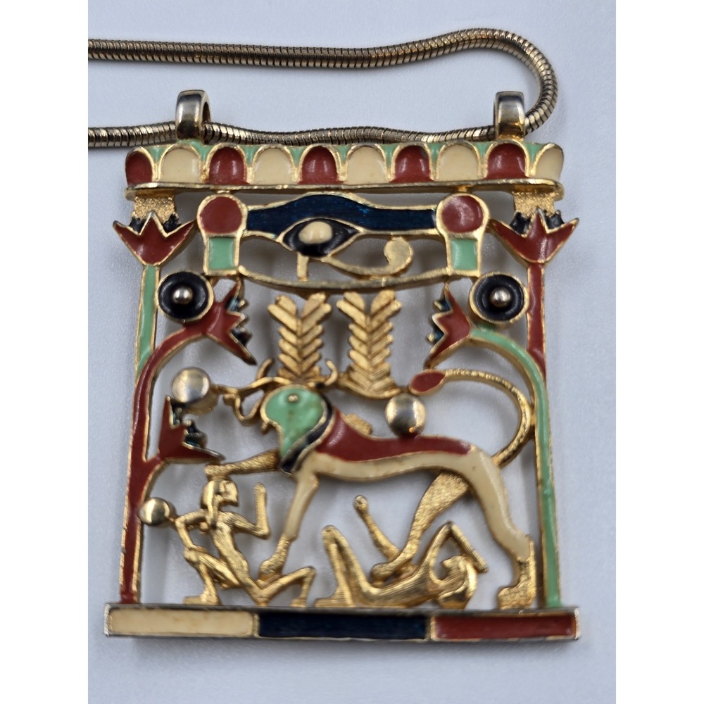 Vintage Egyptian Revival Necklace Enamel Apis Sphinx Eye Horus Gold Tone - Picture 12 of 13